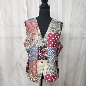 VTG Croquet Club Blue Red Polka Dot Floral Silk Patchwork Vest Size L